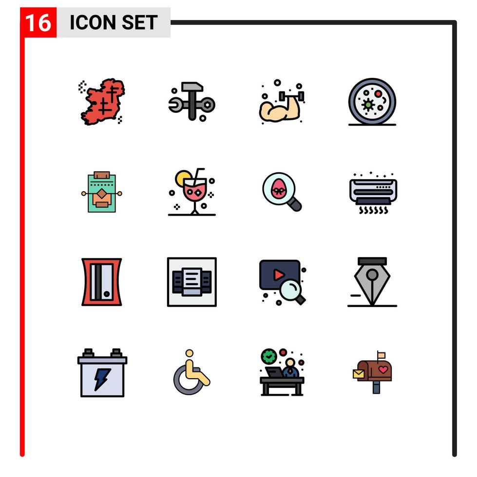 Gruppe von 16 flachen, farbgefüllten Linien Zeichen und Symbole für Workflow-Mikroorganismen it-Lösungen Lebengewichtheben editierbare kreative Vektordesign-Elemente vektor