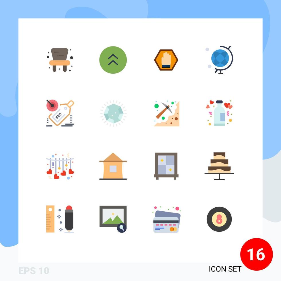 Gruppe von 16 modernen flachen Farben für Ziel-Tag-Handglobus-Bildung, editierbares Paket kreativer Vektordesign-Elemente vektor