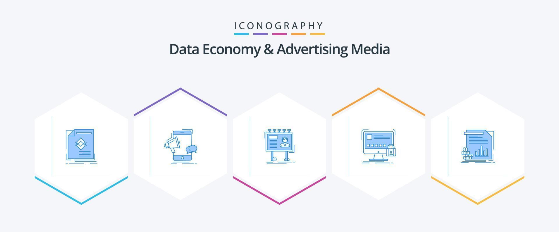 data ekonomi och reklam media 25 blå ikon packa Inklusive låsa. skydda. megafon. styrelse. anslagstavla vektor