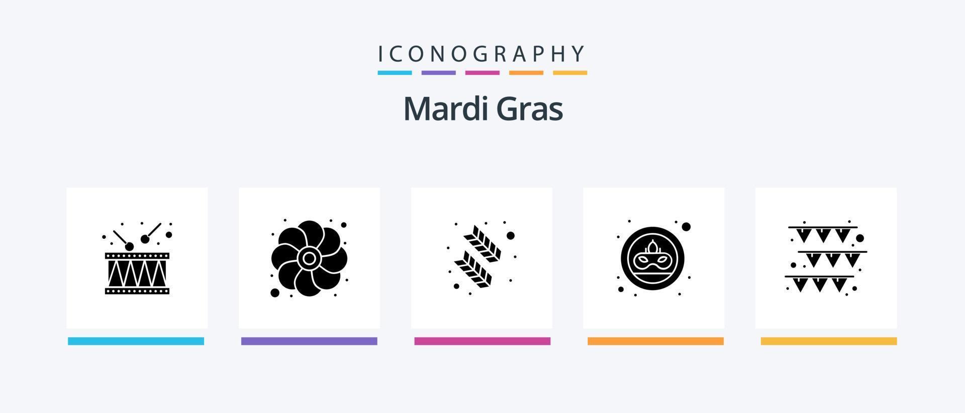 Mardi Gras Glyph 5 Icon Pack inklusive Girlande. Maske. Feder. Dublone. Karneval. kreatives Symboldesign vektor