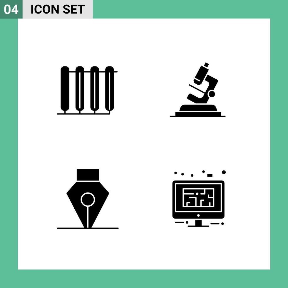 4 thematische Vektor-Solid-Glyphen und bearbeitbare Symbole für bearbeitbare Vektordesign-Elemente des Batterie-Tintenstrahler-Mikroskopwerkzeugs vektor