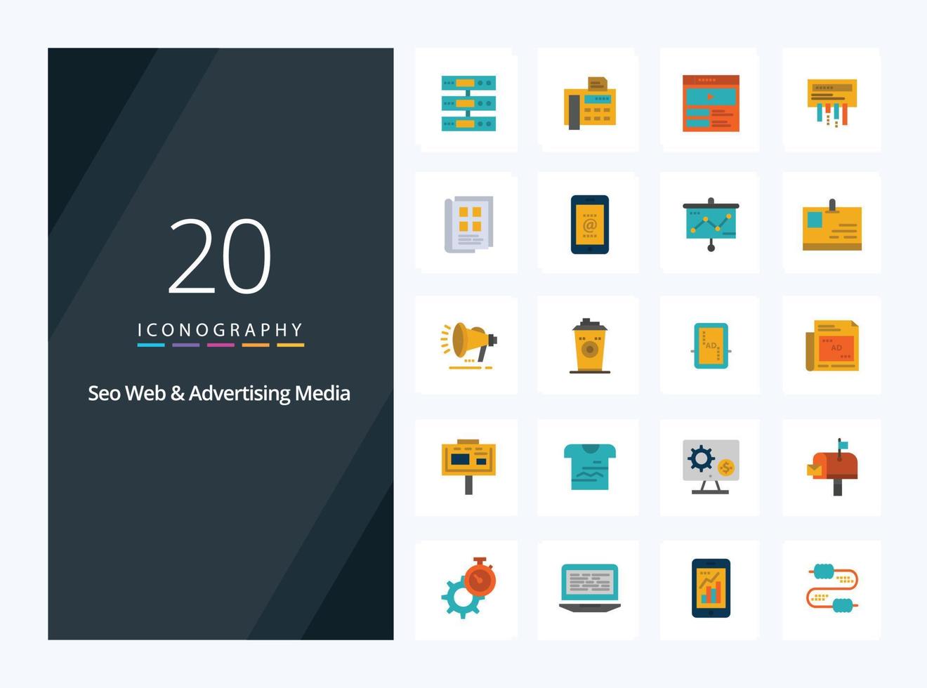 20 flaches Farbsymbol für SEO-Web- und Werbemedien zur Präsentation vektor