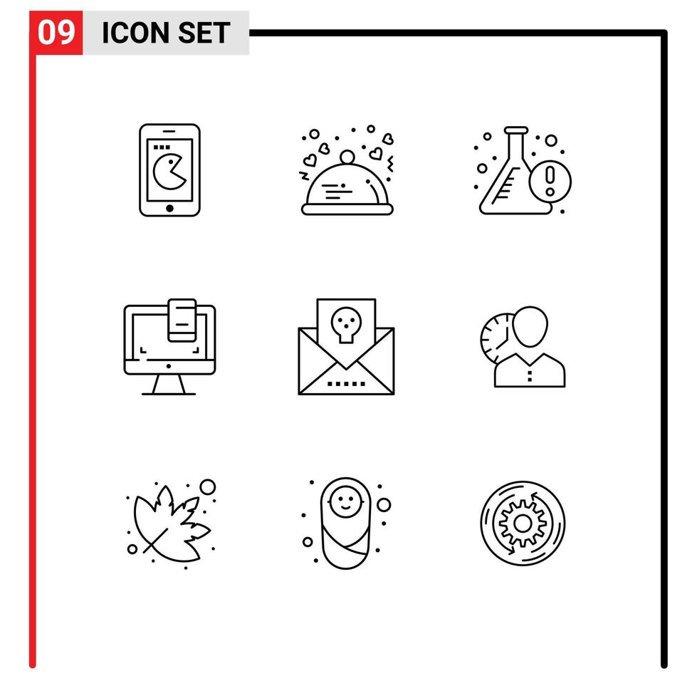 Piktogrammsatz mit 9 einfachen Umrissen von Adressmonitor romantischen Computerinformationen editierbare Vektordesign-Elemente vektor
