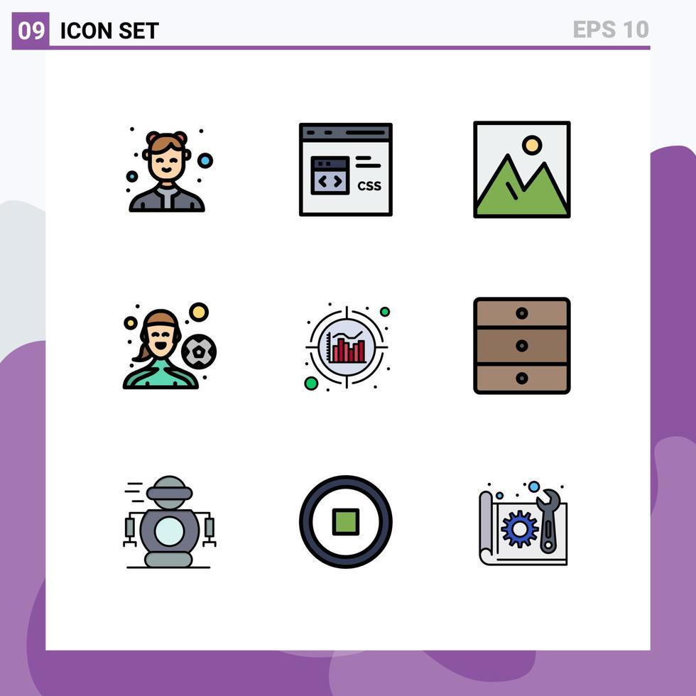 Aktienvektor-Icon-Pack mit 9 Zeilenzeichen und Symbolen für Spielerinnen von Outdoor-Spielen entwickeln bearbeitbare Vektordesign-Elemente für Fotomöbel vektor
