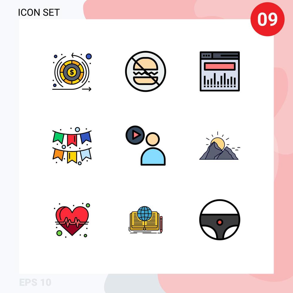moderner Satz von 9 gefüllten flachen Farben und Symbolen wie Video-Benutzeranalyse-Girlanden-Dekoration editierbare Vektordesign-Elemente vektor
