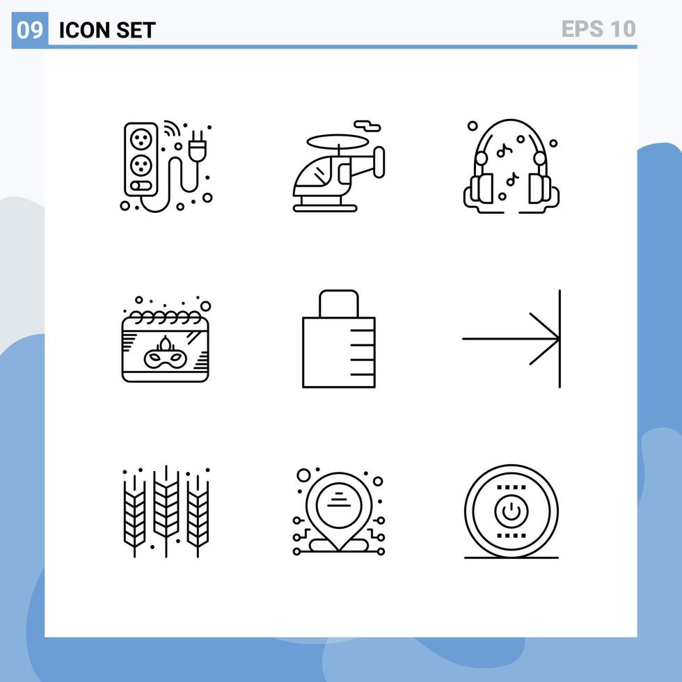 Piktogrammsatz mit 9 einfachen Umrissen von schützenden Schlüsselkopfhörern gras Datum editierbare Vektordesign-Elemente vektor