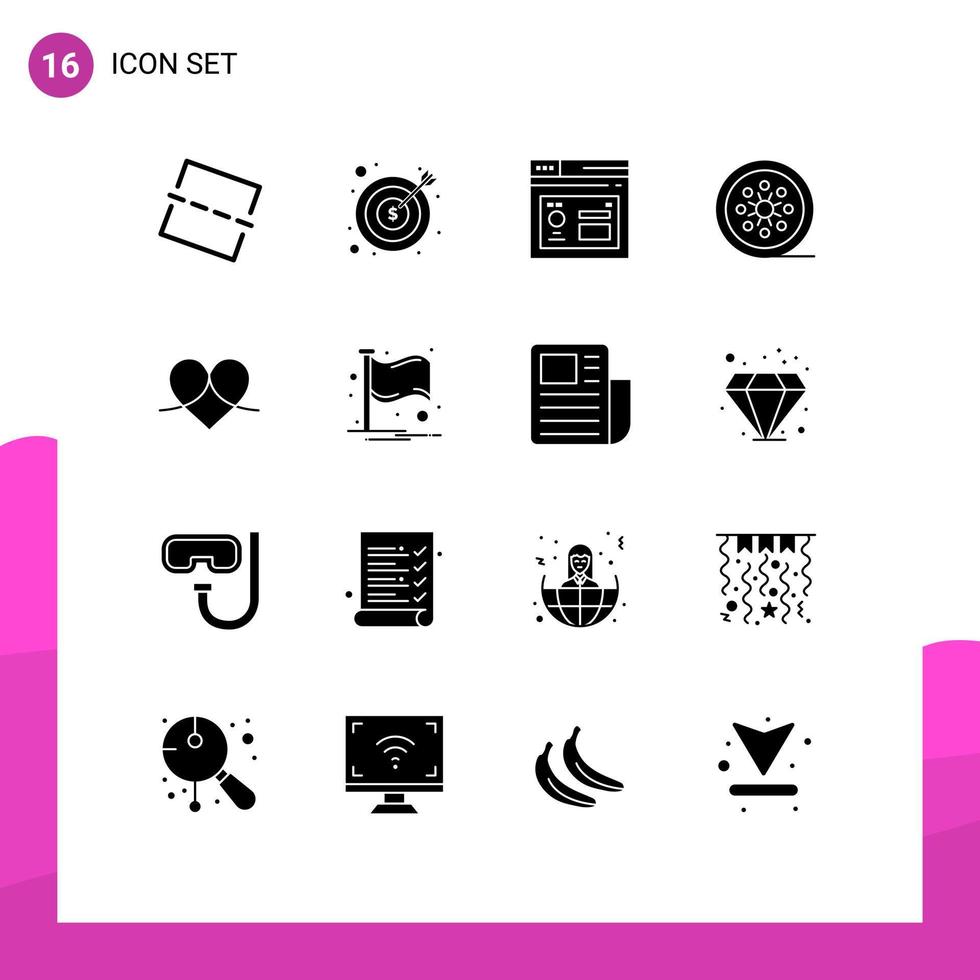 Solide Glyphenpackung mit 16 universellen Symbolen für Geschenkbandrollen-Browser-Filmrollen-Schwarzfilm-editierbare Vektordesign-Elemente vektor