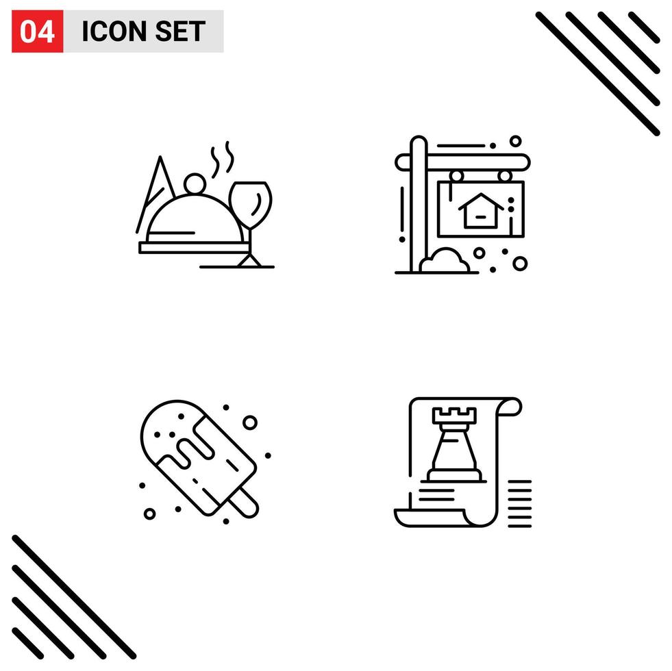 Stock Vector Icon Pack mit 4 Zeilen Zeichen und Symbolen für Hotel Dessert Glas Home Eis am Stiel editierbare Vektordesign-Elemente
