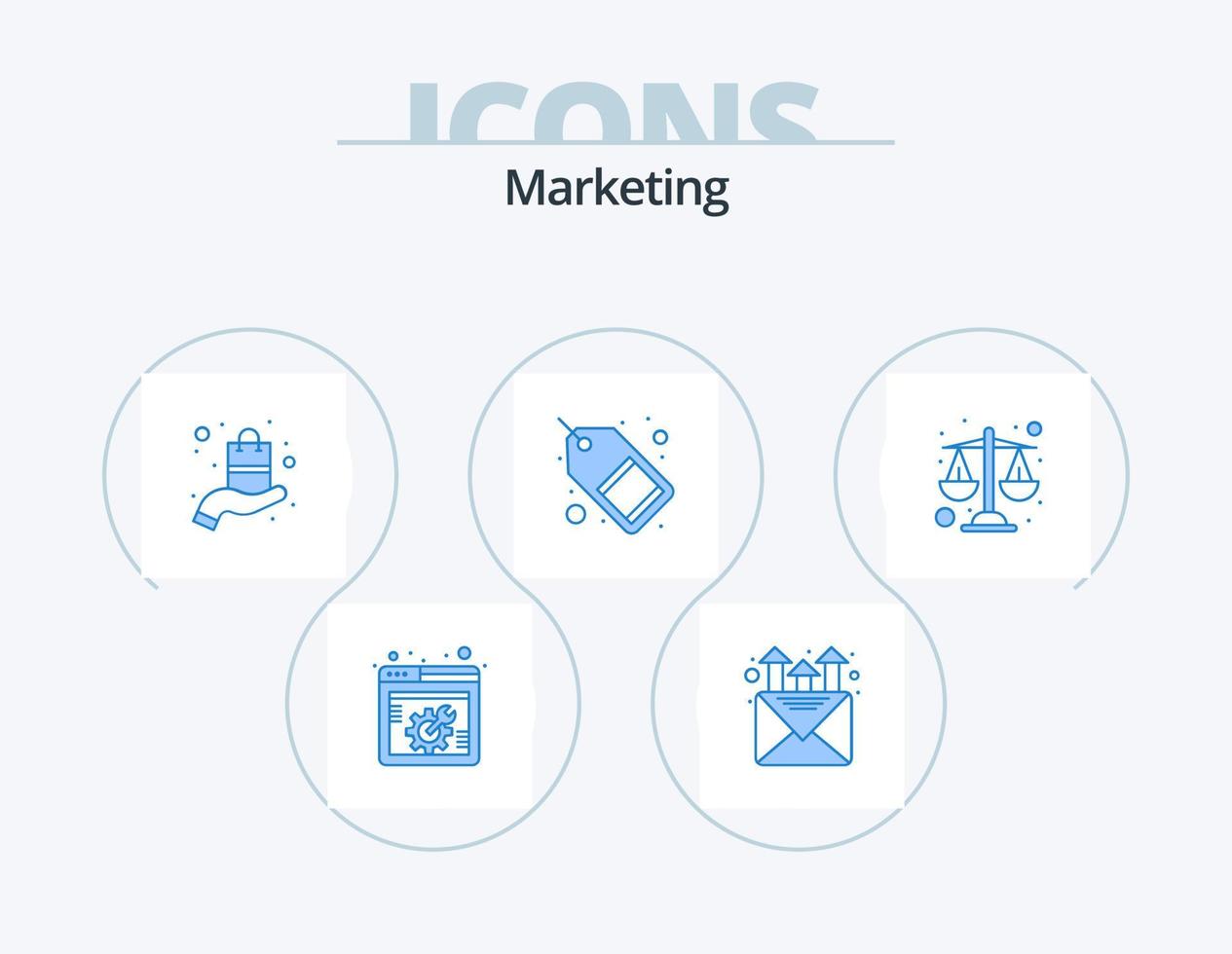 Marketing Blue Icon Pack 5 Icon-Design. Gerechtigkeit. Verkaufsetikett. Präsentation. Verkauf. Markt vektor