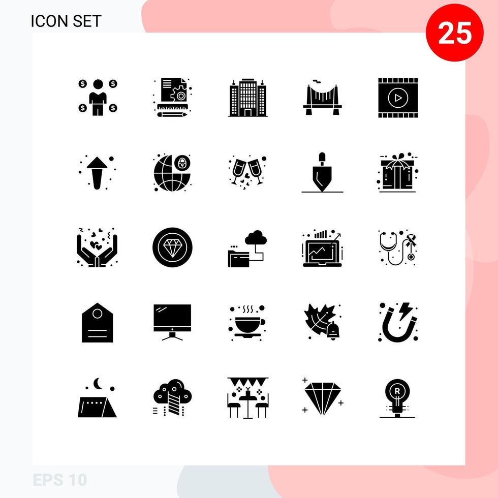 Stock-Vektor-Icon-Pack mit 25 Linienzeichen und Symbolen für bearbeitbare Vektordesign-Elemente für Video-Medienarchitektur-Straßenstadt vektor