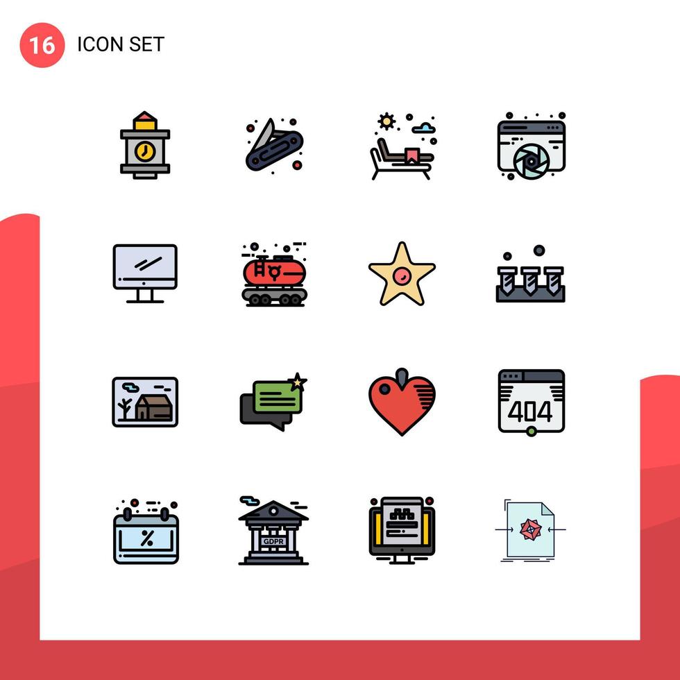 piktogrammsatz von 16 einfachen flachen farbgefüllten linien von imac monitor wasser computergrafik editierbare kreative vektordesignelemente vektor