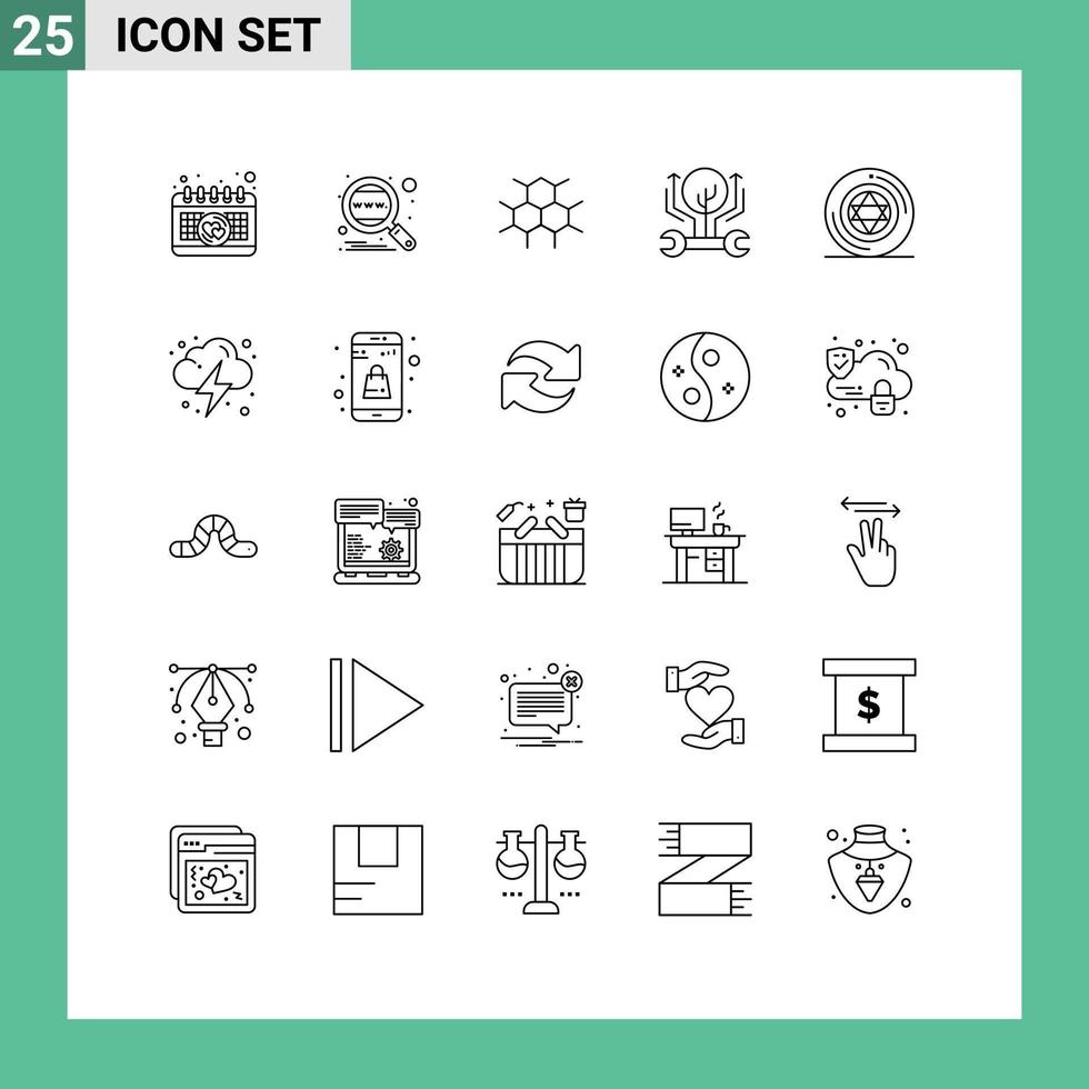 Piktogramm-Set aus 25 einfachen Linien von Kreis-Hack-Molekularwachstumsentwicklung bearbeitbare Vektordesign-Elemente vektor