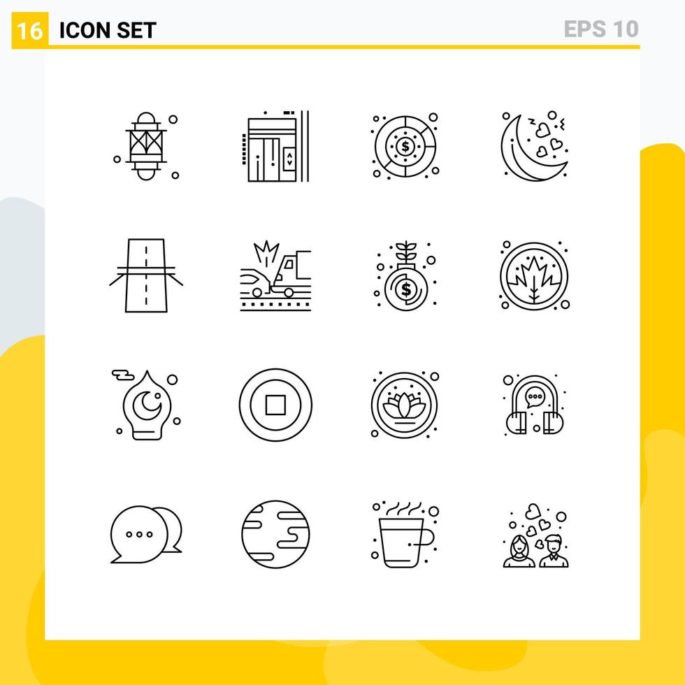 Stock Vector Icon Pack mit 16 Zeilenzeichen und Symbolen für Bridge Night Up Moon Management editierbare Vektordesign-Elemente