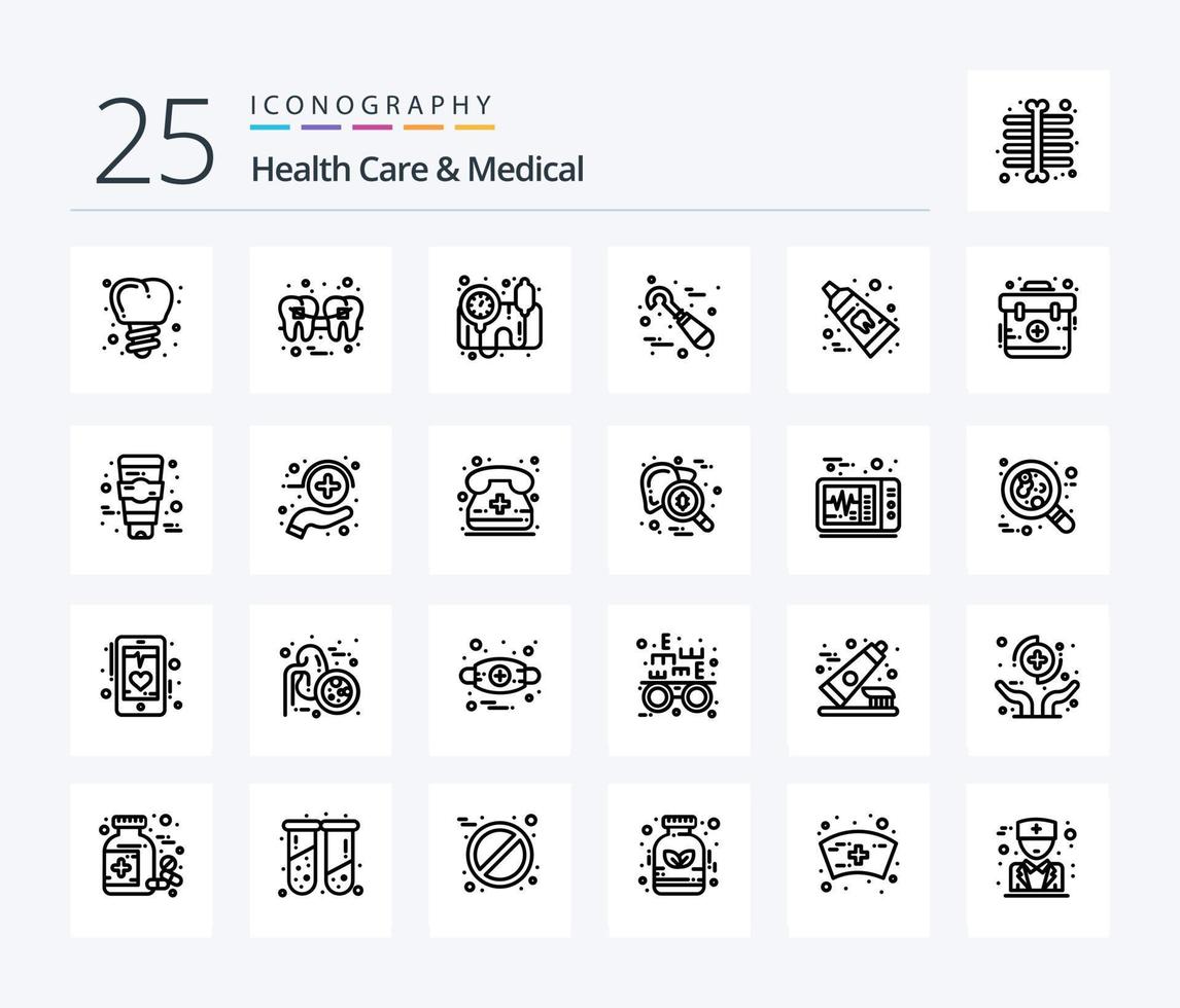 hälsa vård och medicinsk 25 linje ikon packa Inklusive tand. dental. blod tryck operatör. verktyg. tandläkare vektor