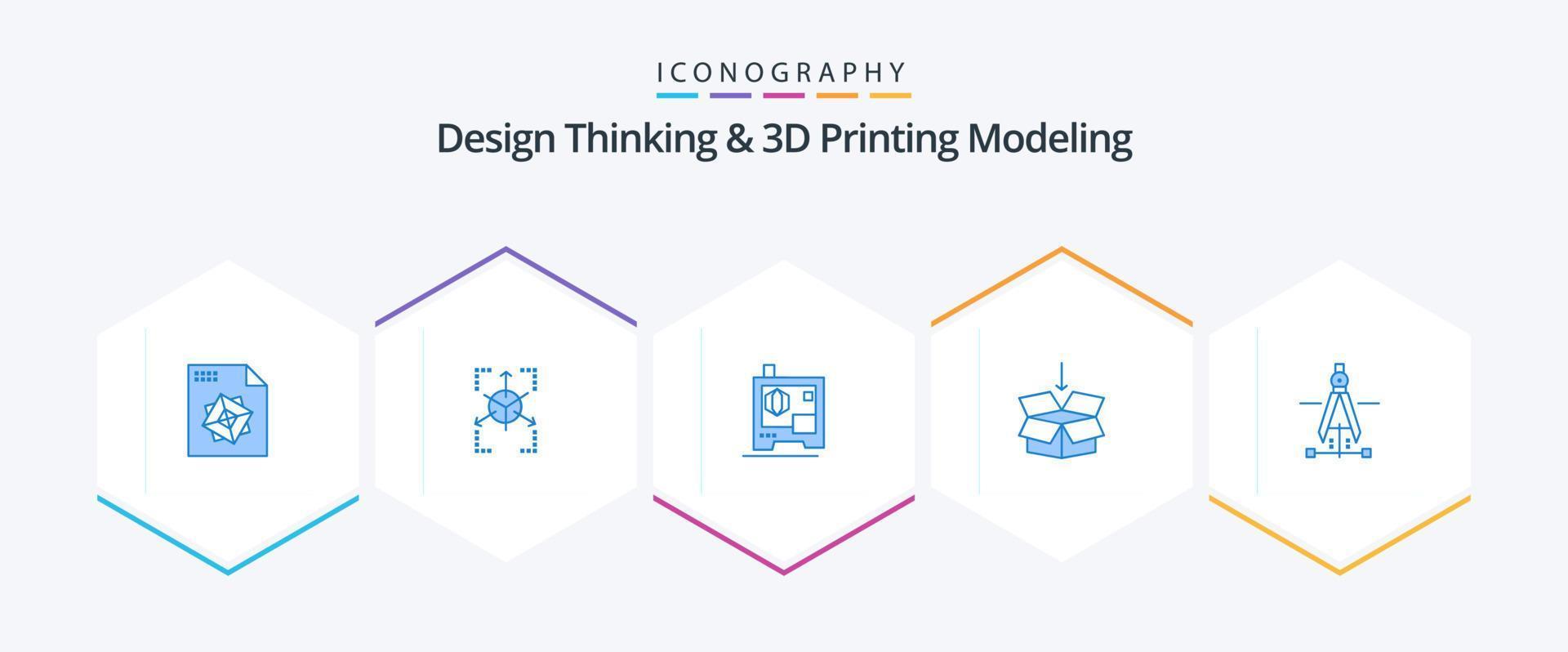 Design Thinking und D Printing Modeling 25 Blue Icon Pack inklusive Engineering. Zeichnung. Druckend. Kompass. Shepping vektor