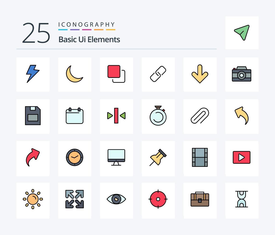 grundlegende ui-elemente 25 zeilengefülltes symbolpaket einschließlich richtung. Pfeil. Medien. Metall. Papier vektor