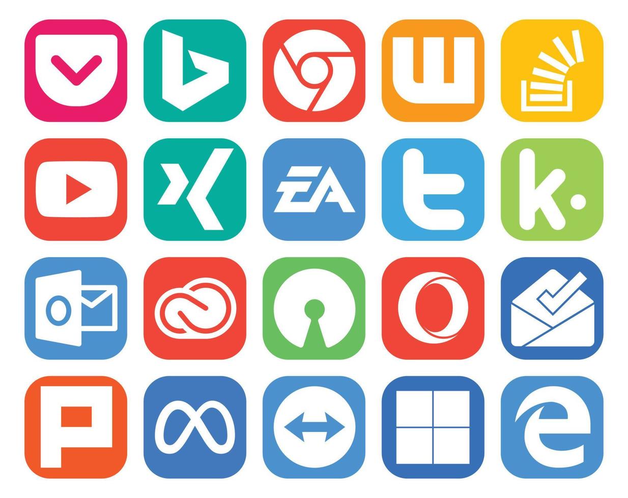 20 Symbolpakete für soziale Medien, einschließlich Ausblick, Tweet, Youtube, Twitter, ea vektor
