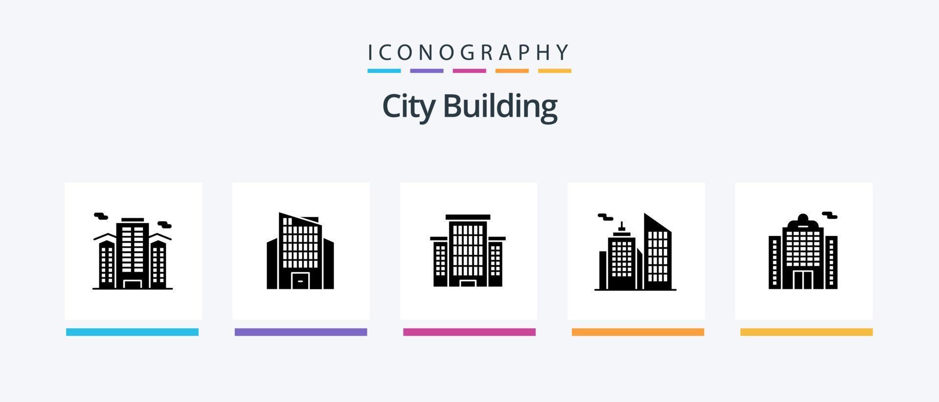 City Building Glyph 5 Icon Pack inklusive . Gebäude. Gebäude. Wohnung. Geschäft. kreatives Symboldesign vektor