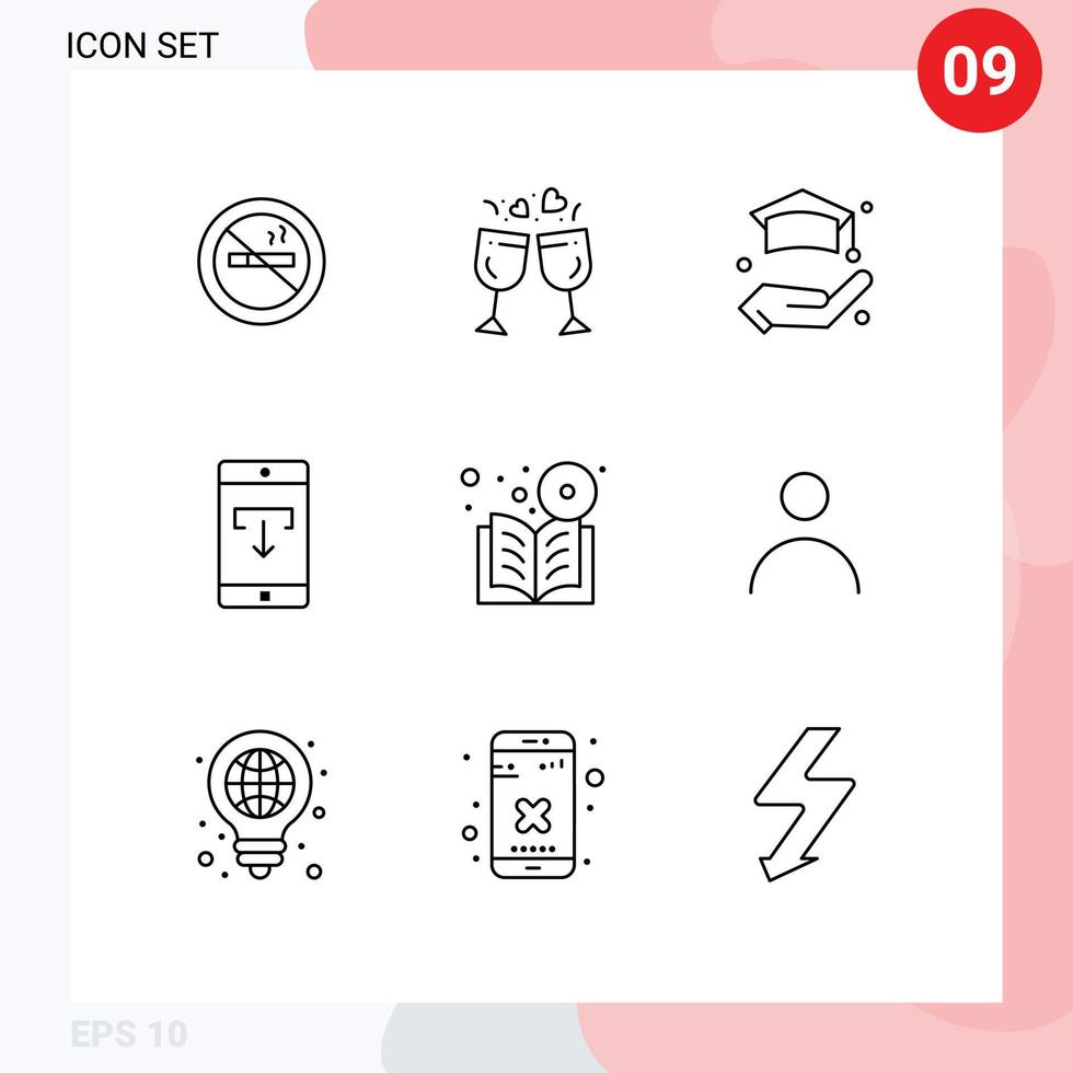 Stock Vector Icon Pack mit 9 Zeilenzeichen und Symbolen für mobile DVD-Anwendung Bildung mobile Daten editierbare Vektordesign-Elemente