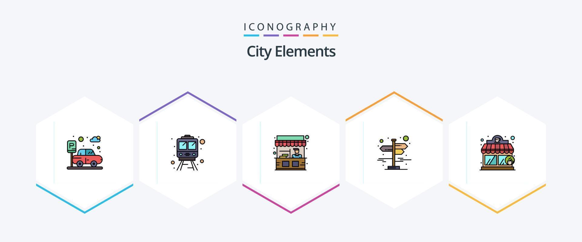 City Elements 25 Filledline Icon Pack inklusive . Café. Stand. Kaffeehaus. Straße vektor