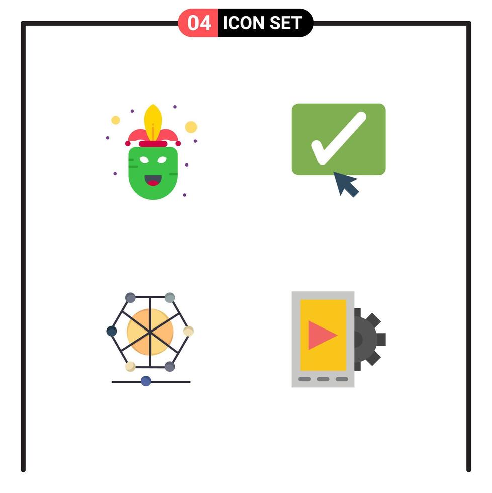 4 flaches Symbolkonzept für mobile Websites und Apps Karnevalslernmasken-Tick-Daten editierbare Vektordesign-Elemente vektor