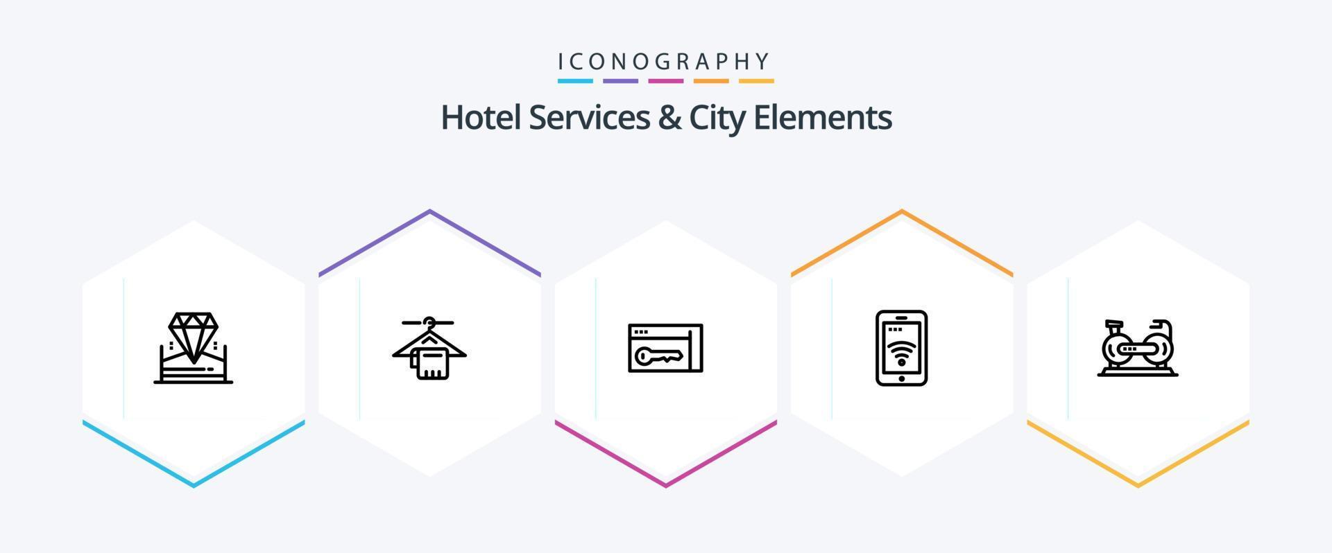 Hotelservices und Stadtelemente 25-Zeilen-Icon-Pack inklusive Zyklus. W-lan. Browser. Service. Handy, Mobiltelefon vektor