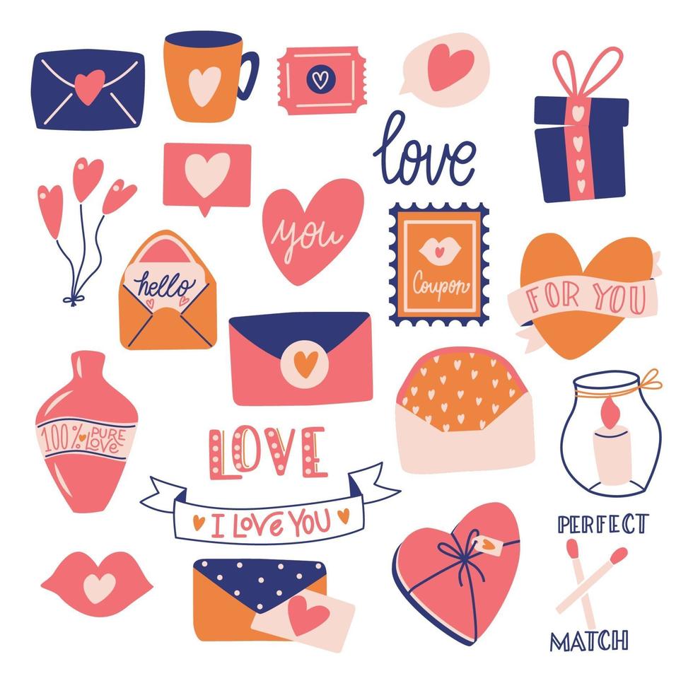 stor samling av kärleksobjekt och symboler för glad alla hjärtans dag. färgglad platt illustration. vektor