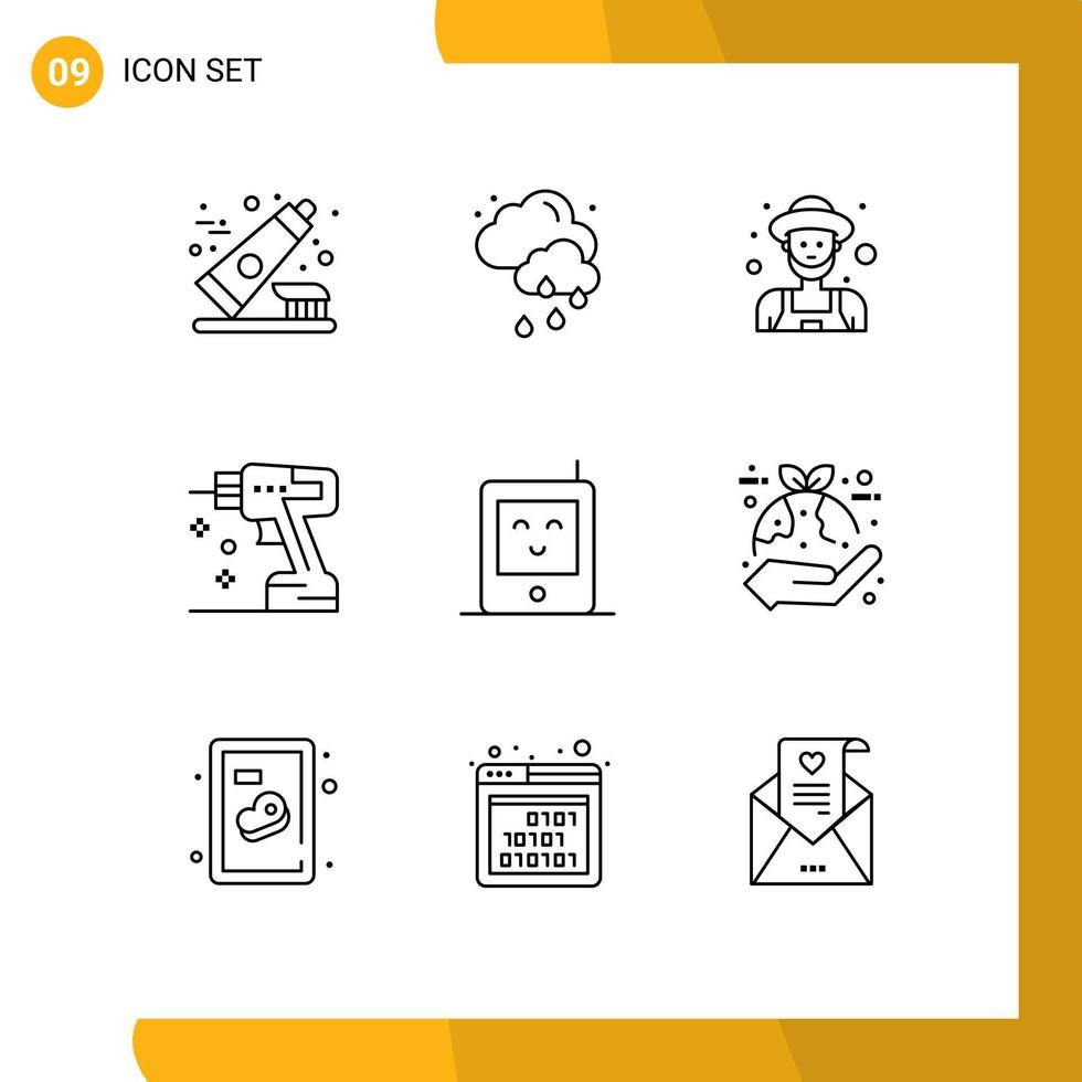9 universell konturer uppsättning för webb och mobil tillämpningar radio bebis trädgårdsmästare verktyg borra redigerbar vektor design element