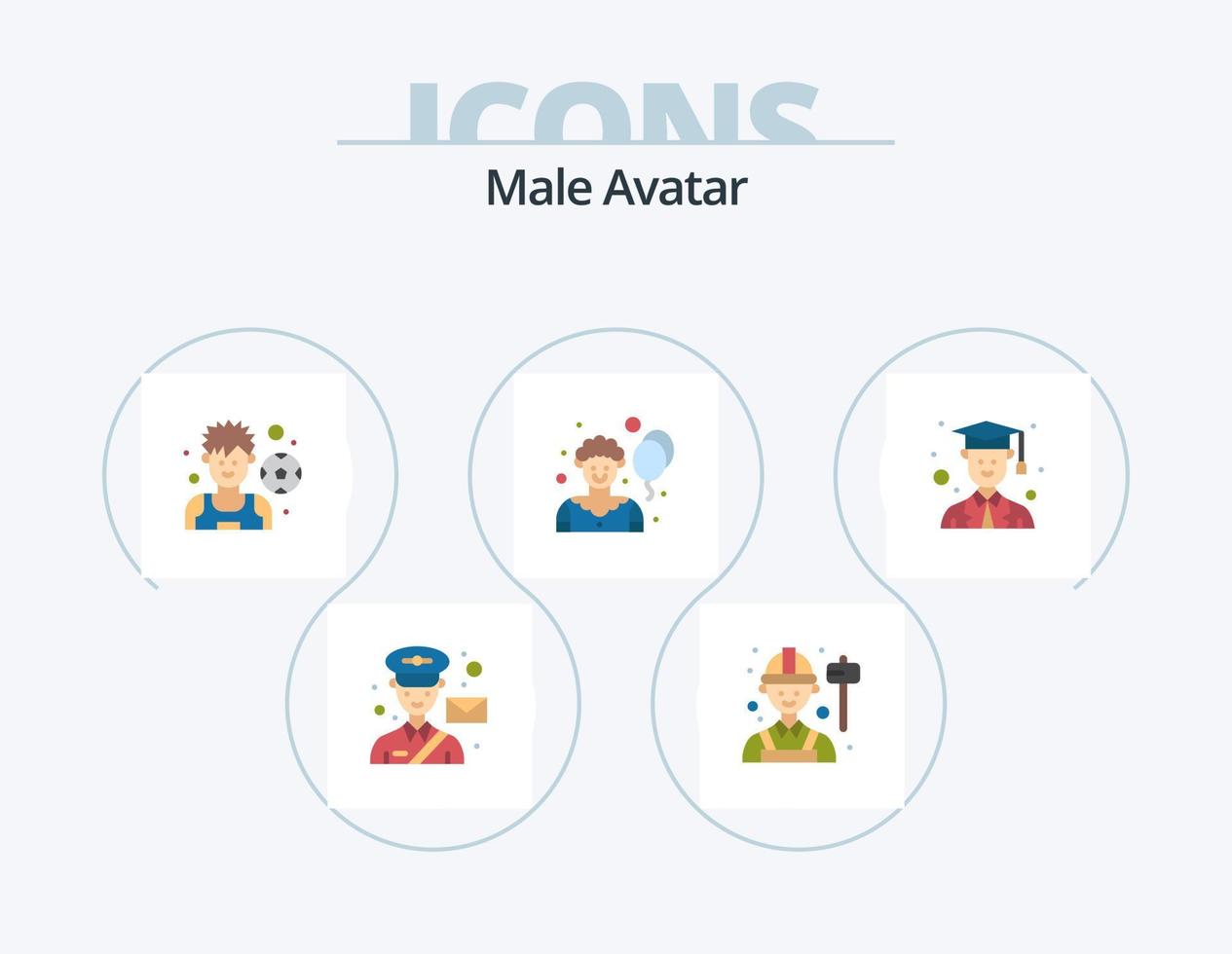 manlig avatar platt ikon packa 5 ikon design. manlig. avatar. arbetskraft. joker. cirkus vektor
