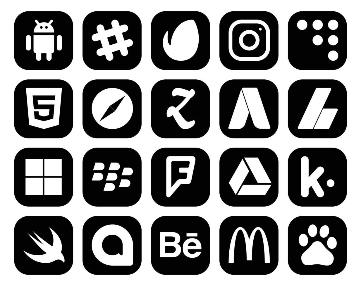 20 Symbolpakete für soziale Medien, einschließlich Kik Foursquare-Browser-Blackberry-Anzeigen vektor