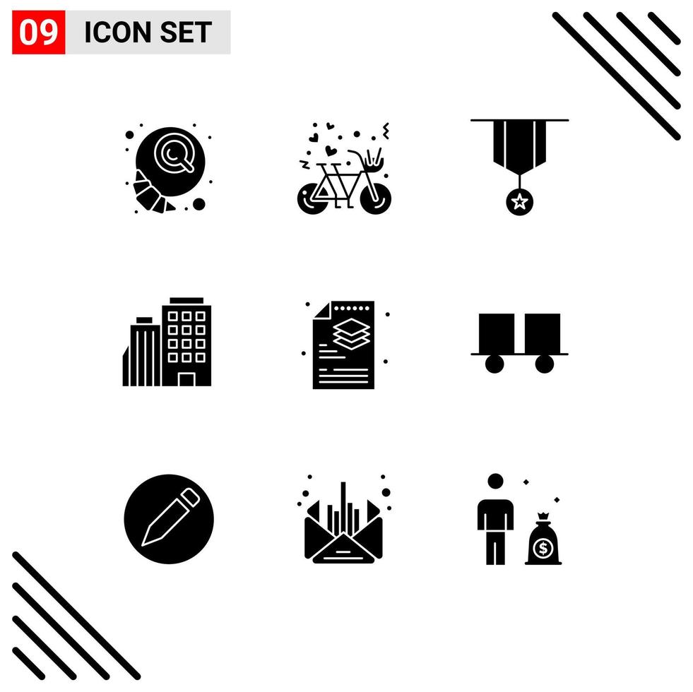 solides Glyphenpaket mit 9 universellen Symbolen für Stadtgebäude, Liebeshotel-Medaille, editierbare Vektordesign-Elemente vektor