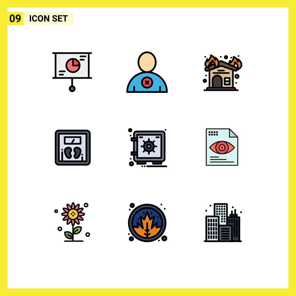 Gruppe von 9 gefüllten flachen Farbzeichen und Symbolen für bearbeitbare Vektordesign-Elemente im Sicherheitsschließfach-Kaminmaschinenmaßstab vektor