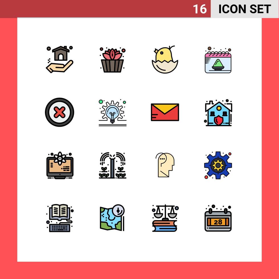 grupp av 16 platt Färg fylld rader tecken och symboler för Glödlampa inställt bebis grundläggande pulver redigerbar kreativ vektor design element