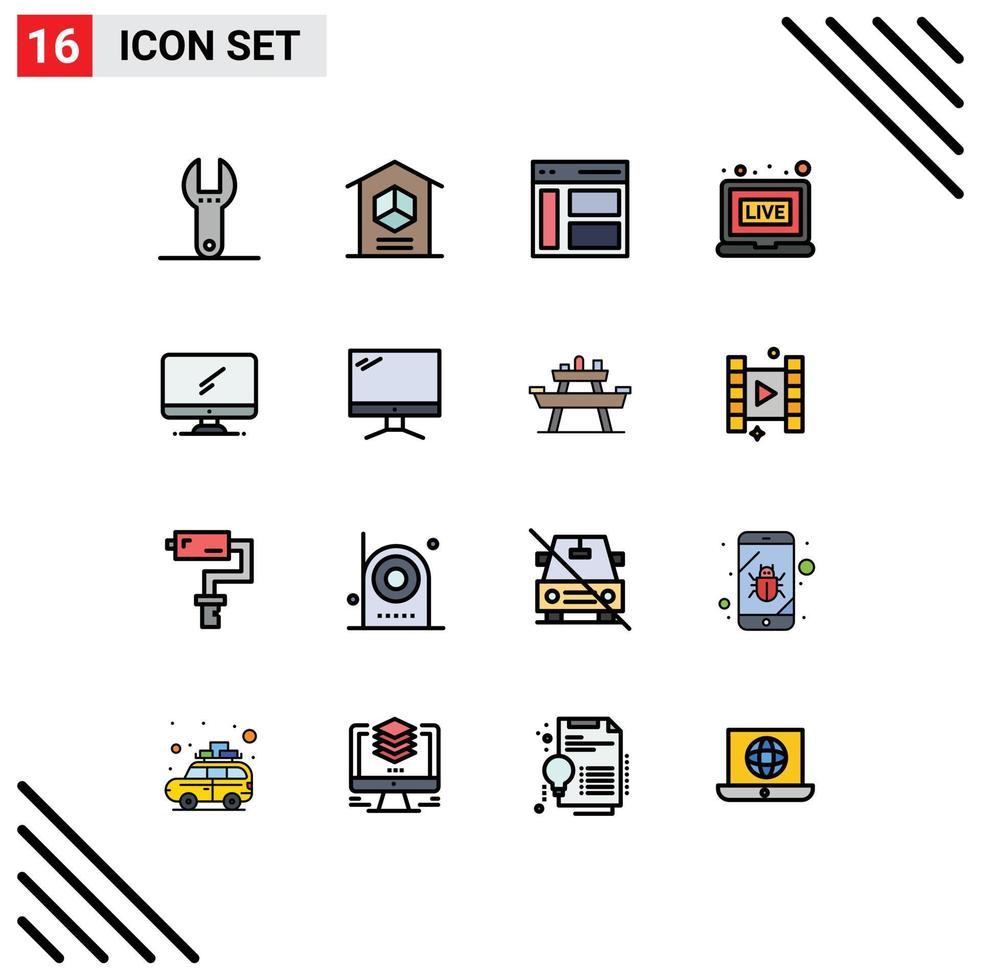 moderner Satz von 16 flachen, farbgefüllten Linien und Symbolen wie Monitor-Nachrichtenkommunikation Live-benutzerbearbeitbare kreative Vektordesign-Elemente vektor