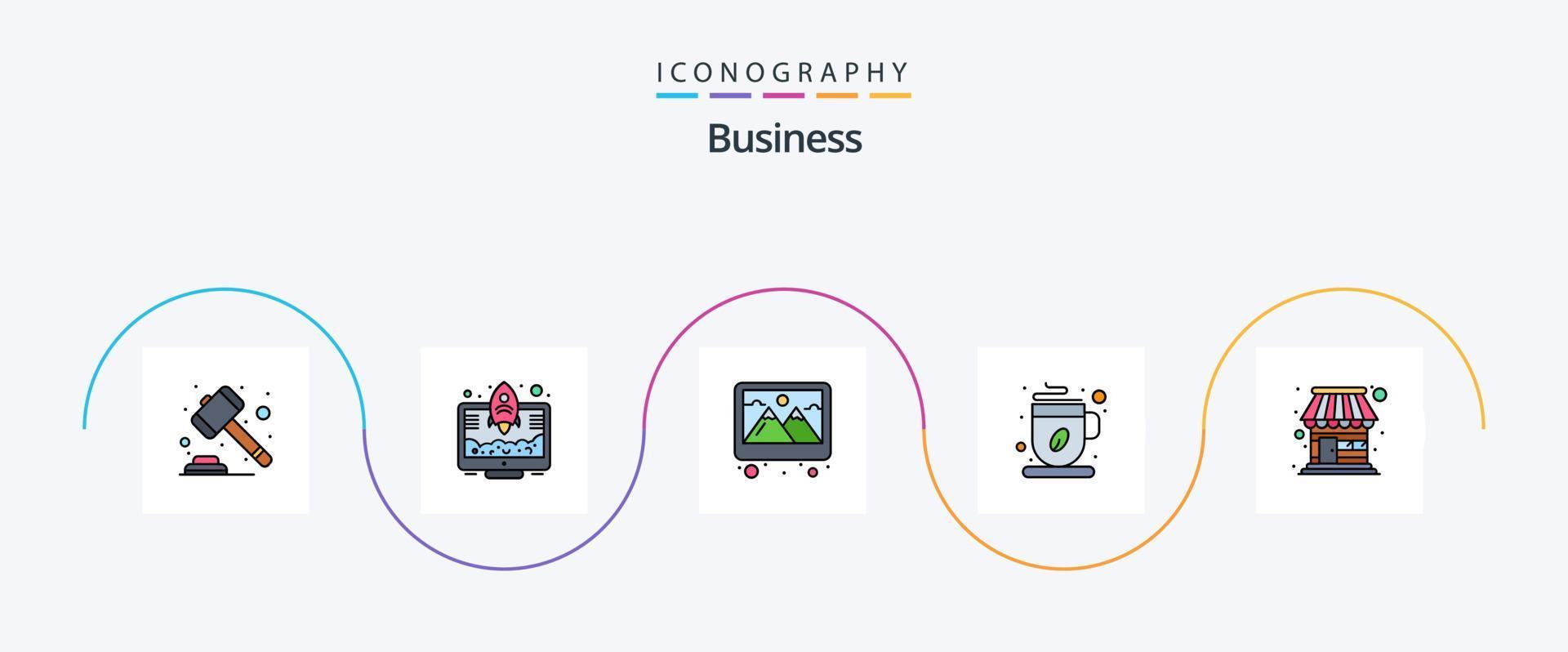 företag linje fylld platt 5 ikon packa Inklusive affär. kaffe kopp. ram. te. kaffe vektor