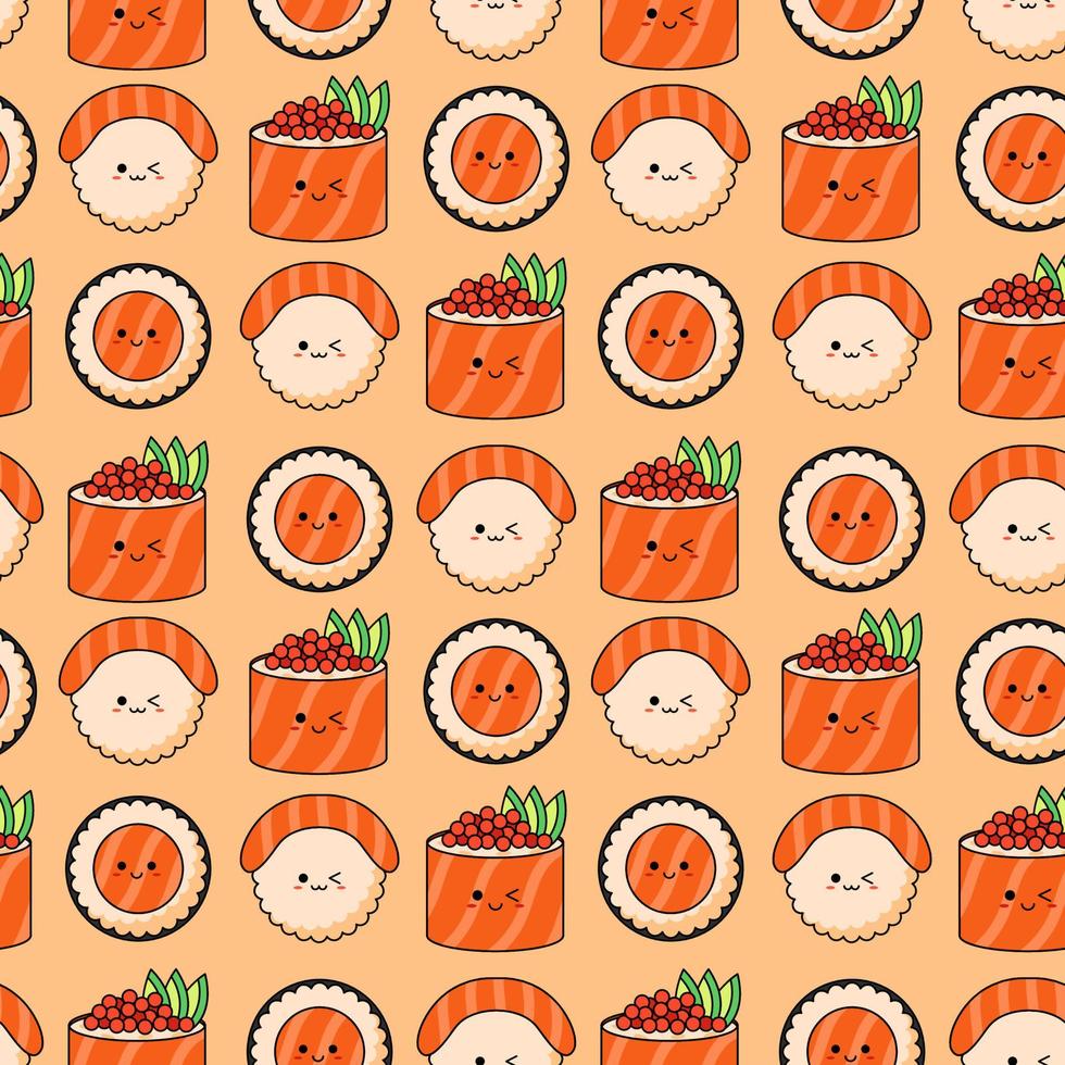 Nahtloses Muster mit verschiedenen Kawaii-Sushi auf orangefarbenem Hintergrund. vektor