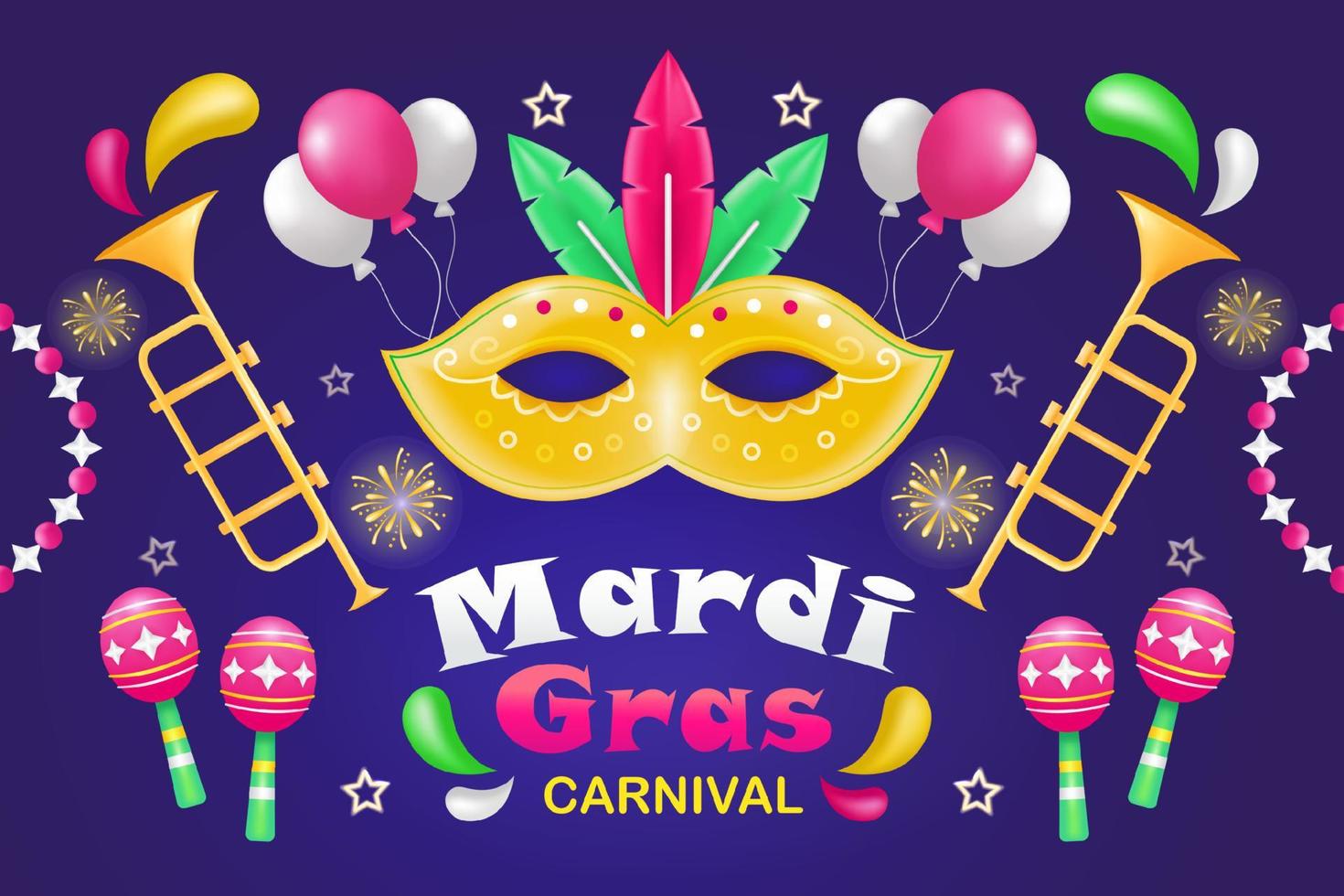 mardi gras karneval. illustration av 3d masker, maracas, trumpeter och fyrverkeri ornament vektor