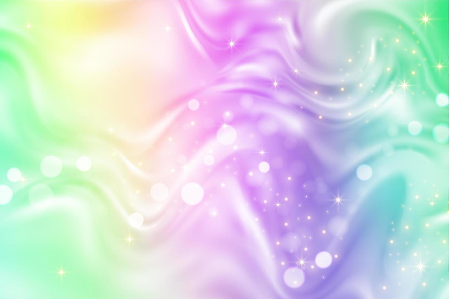 Regenbogen-Einhorn-Hintergrund. pastellfarbener Farbverlauf mit Glitzer und Bokeh. Magic Fluid Galaxy Space und Sterne. Vektor abstraktes Muster.