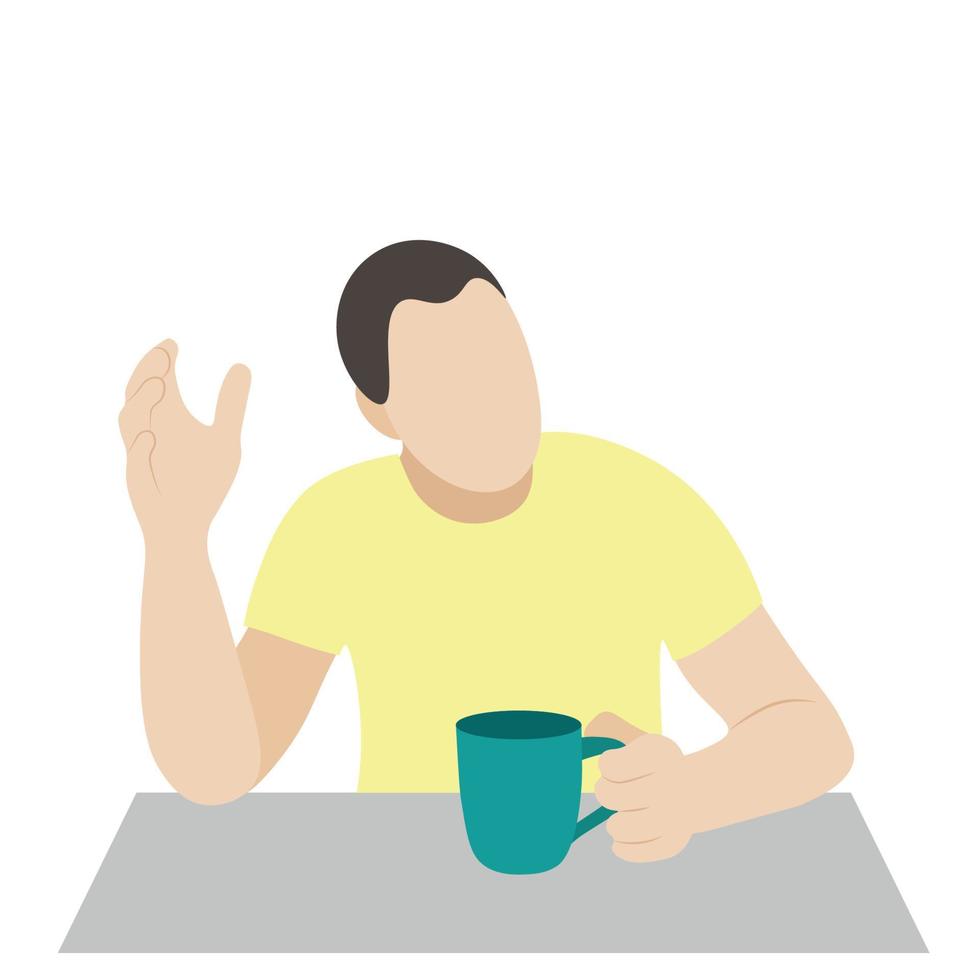 porträtt av en sällskaplig kille med en kopp i hans hand på de tabell, platt vektor, isolera på vit, ansiktslös illustration, kaffe ha sönder vektor