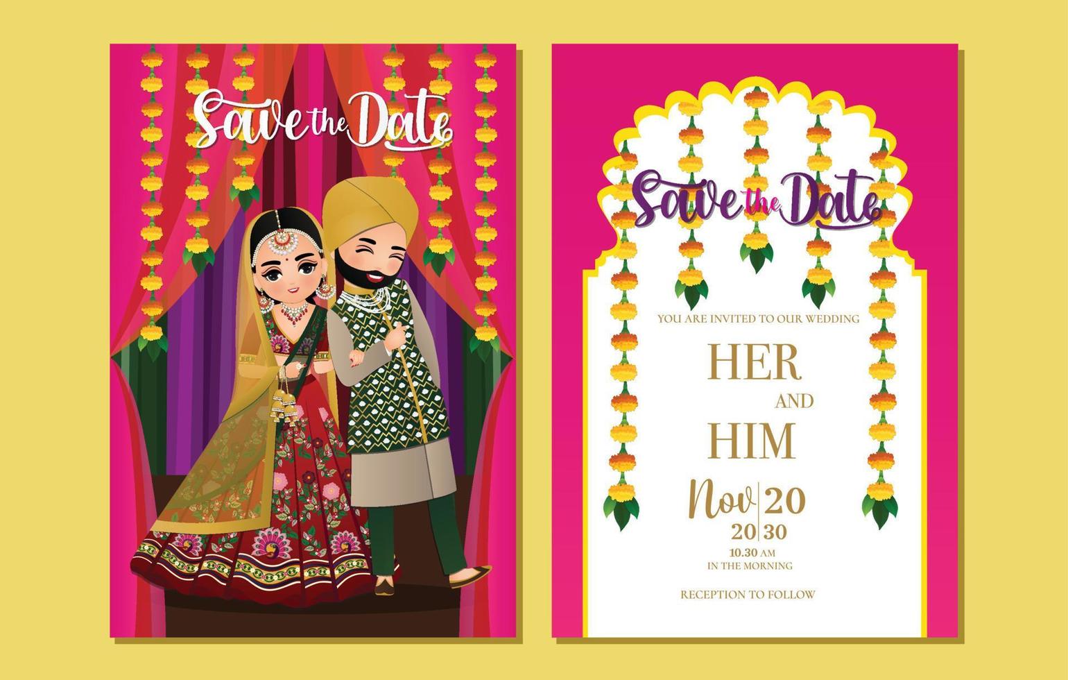 söt hindu par i traditionell indisk klänning tecknad serie karaktär.romantisk bröllop inbjudan kort vektor