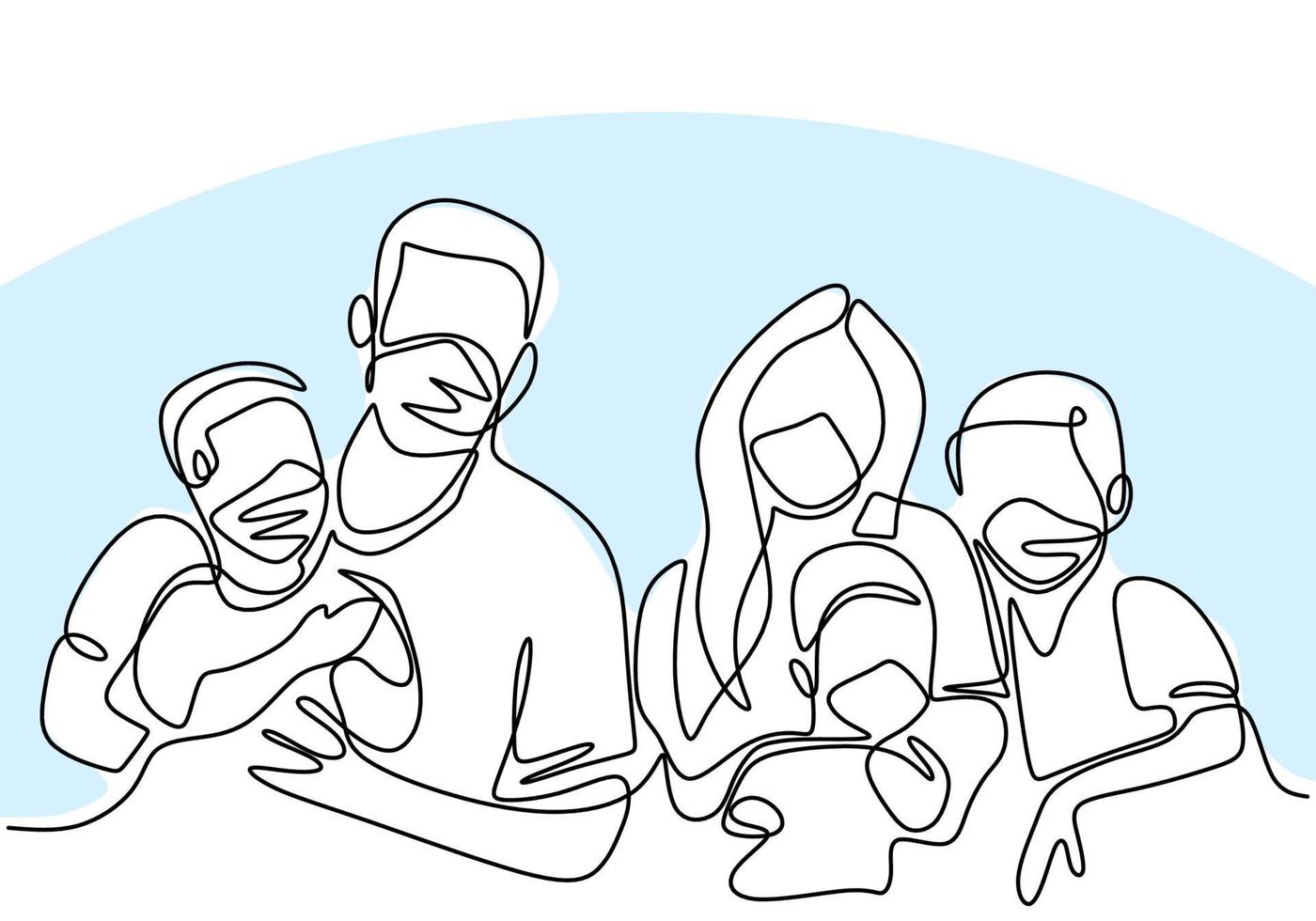 kontinuierliche einzeilige Zeichnung einer Familie, die medizinische Schutzmasken trägt und während der Pandemie covid-19 zu Hause bleibt. vektor