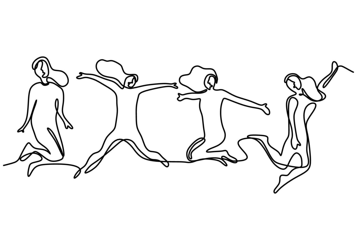 kontinuerlig linje ritning av hoppande glada teammedlemmar. fyra unga människor hoppar tillsammans för att uttrycka sin lycka. grupp på fyra personer hoppar och frihet minimalistisk design. vektor illustration
