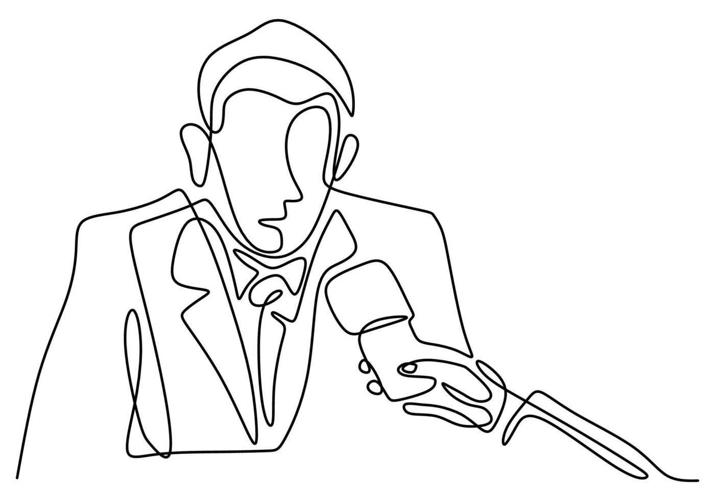 Eine fortlaufende Strichzeichnung eines Geschäftsmannes wird von einem Fernsehjournalisten mit einer Hand interviewt, die ein Mikrofon in der Hand hält vektor