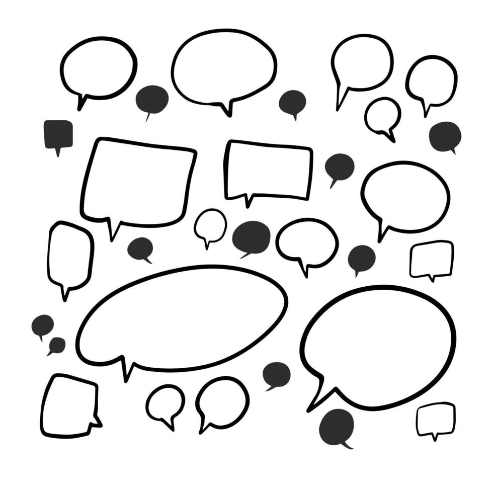 satz von sprechblasentext, chatbox, nachrichtenbox umreißkarikaturillustrationsdesign. Ballon-Doodle-Stil des denkenden Zeichensymbols. Färben Sie niedlichen und reizenden Chatredeaufkleber. Box, Text, Dialog, Kunst vektor