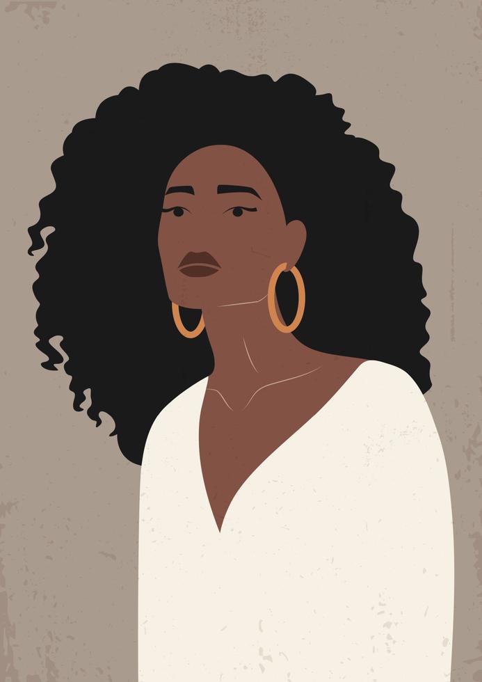ung afrikansk amerikan kvinna med svart lockigt hår affisch. svart stark flicka på gul bakgrund, främre se. vektor illustration