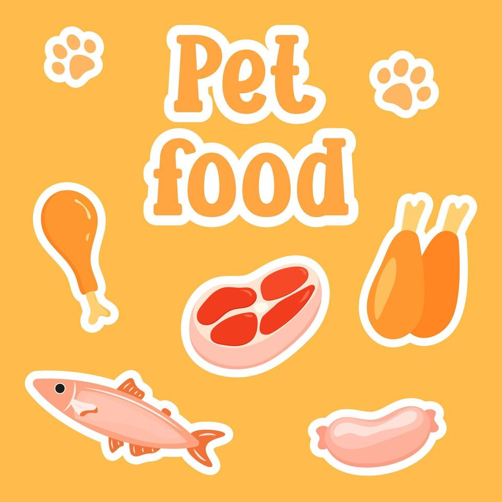 Haustierfutter-Set. verschiedene Zutaten. Lebensmittel-Symbole. süße Aufkleber für Zoohandlungen. Vitamine für Haustiere. vektor