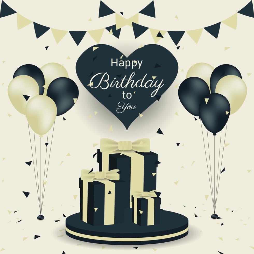 födelsedag bakgrund med realistisk gåva, ballonger, konfetti och podium. vektor illustration