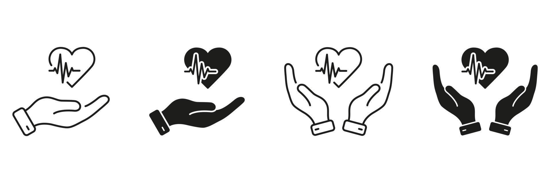 Herzbehandlungssilhouette und Linienpiktogrammsatz. Notfallhilfe und Diagnose. menschliche hände halten herz emotionale unterstützung symbolkonzept. Kardiogramm-Symbol. isolierte vektorillustration. vektor