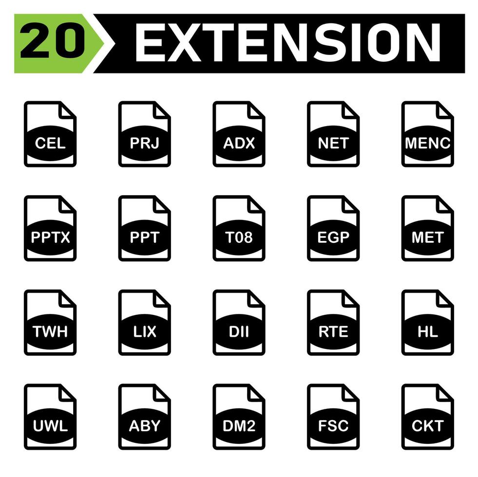 Das Dateierweiterungssymbol umfasst cel, prj, adx, net, menc, pptx, ppt, t08, egp, met, twh, lix, dii, rte, hl, uwl, aby, dm2, fsc, ckt, vektor