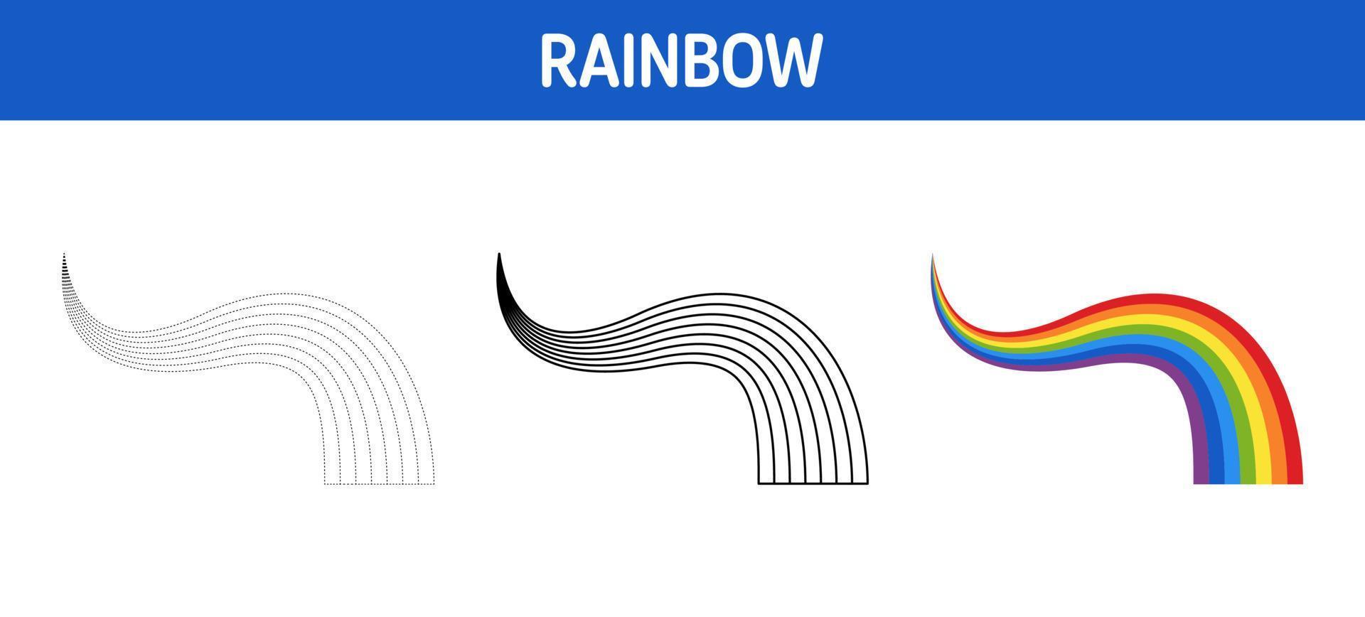 Arbeitsblatt zum Nachzeichnen und Färben von Regenbogen für Kinder vektor